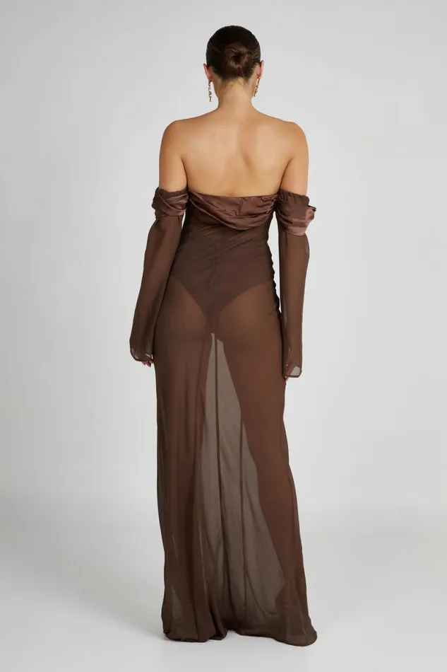 Meshki Maxi Dresses Ivanna Off Shoulder Chiffon Maxi Dress 8211 Mocha Mocha 8211 Women