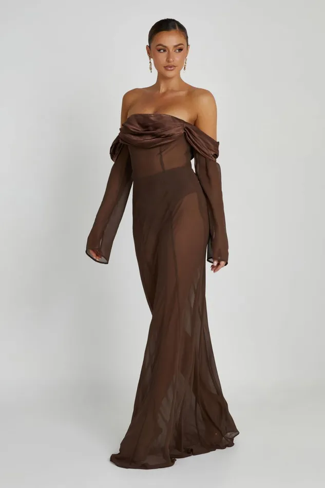 Meshki Maxi Dresses Ivanna Off Shoulder Chiffon Maxi Dress 8211 Mocha Mocha 8211 Women