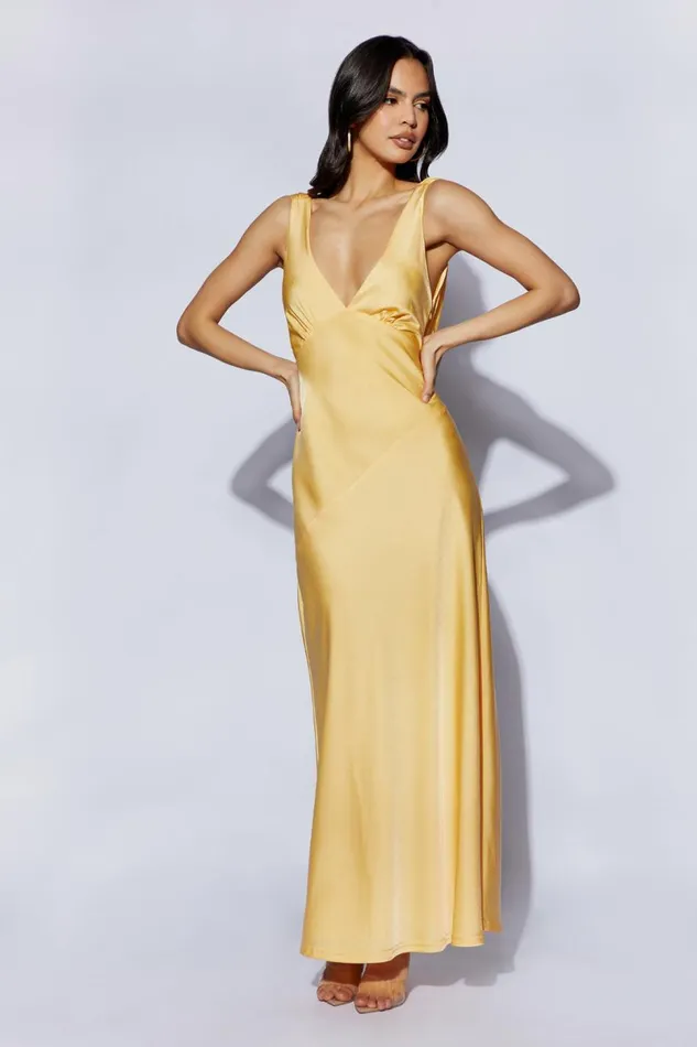Meshki Maxi Dresses Nadia Maxi Satin Dress With Back Cowl 8211 Lemon Lemon 8211 Women