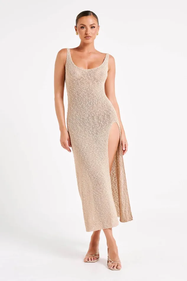 Meshki Maxi Dresses Vittoria Boucle Maxi Dress With Split 8211 Wheat Wheat 8211 Women