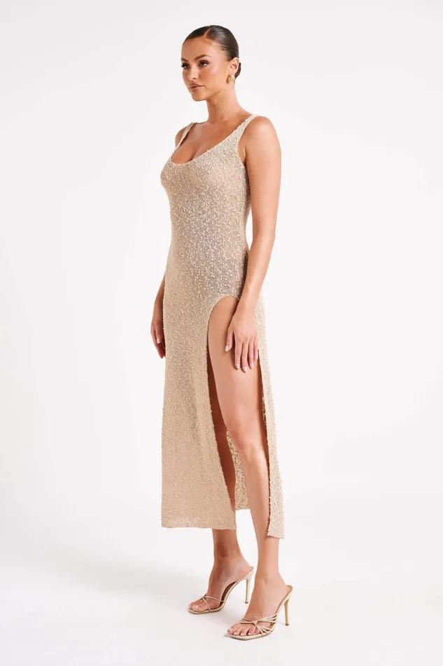 Meshki Maxi Dresses Vittoria Boucle Maxi Dress With Split 8211 Wheat Wheat 8211 Women
