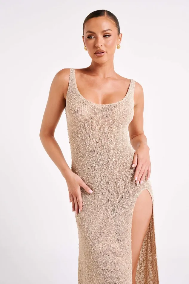 Meshki Maxi Dresses Vittoria Boucle Maxi Dress With Split 8211 Wheat Wheat 8211 Women