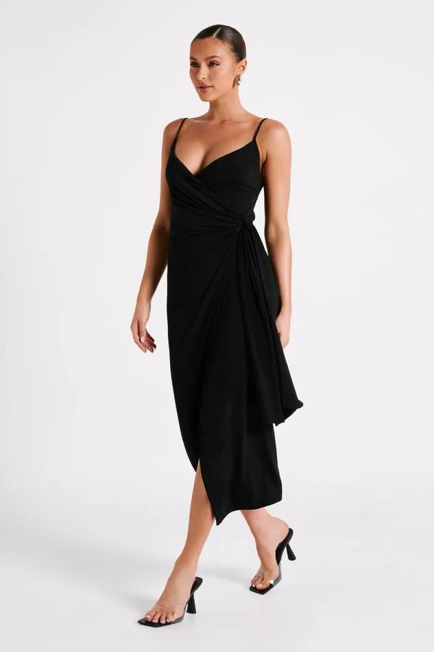 Meshki Midi Dresses Caroline Draped Wrap Midi Dress 8211 Black Black 8211 Women