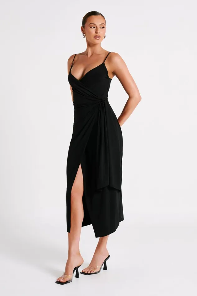Meshki Midi Dresses Caroline Draped Wrap Midi Dress 8211 Black Black 8211 Women