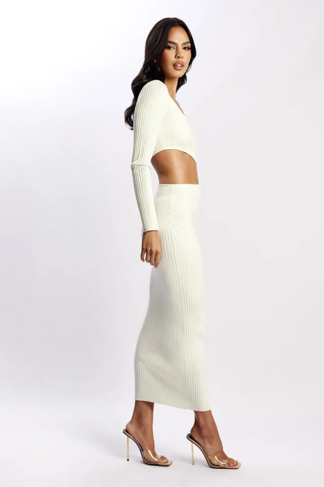 Meshki Midi Dresses Gaia Cut Out Asymmetric Knitted Midi Dress 8211 White White 8211 Women
