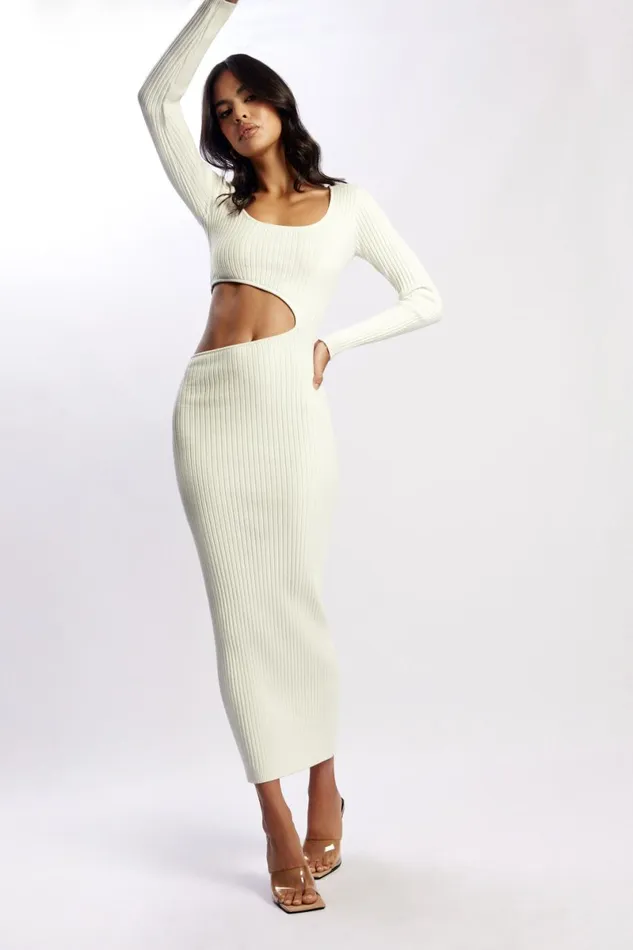 Meshki Midi Dresses Gaia Cut Out Asymmetric Knitted Midi Dress 8211 White White 8211 Women