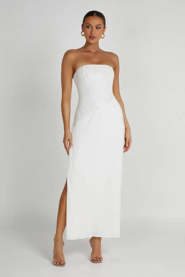 Meshki Midi Dresses Skye Lace Plisse Strapless Midi Dress 8211 White White 8211 Women