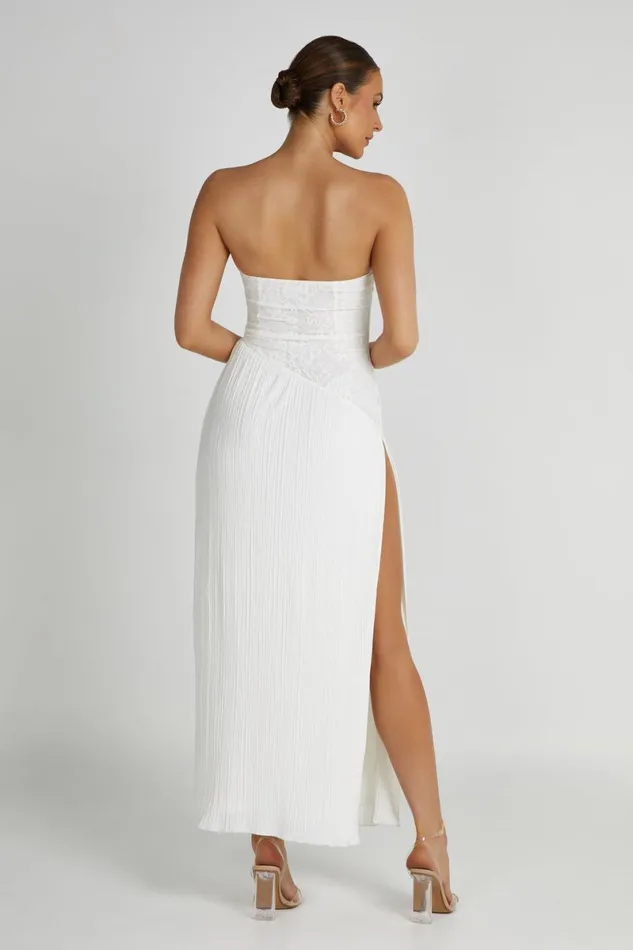 Meshki Midi Dresses Skye Lace Plisse Strapless Midi Dress 8211 White White 8211 Women