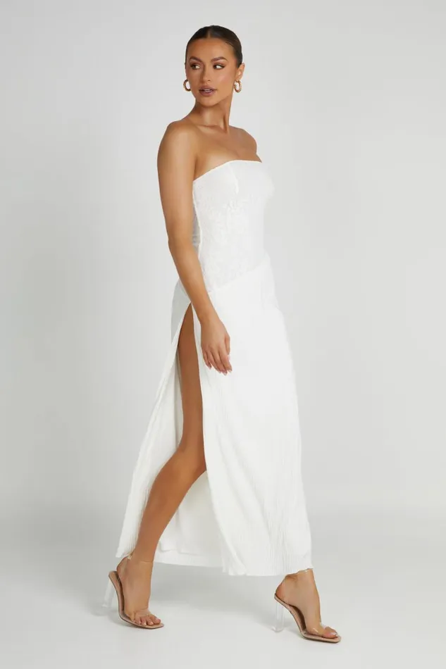 Meshki Midi Dresses Skye Lace Plisse Strapless Midi Dress 8211 White White 8211 Women