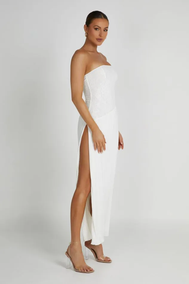 Meshki Midi Dresses Skye Lace Plisse Strapless Midi Dress 8211 White White 8211 Women
