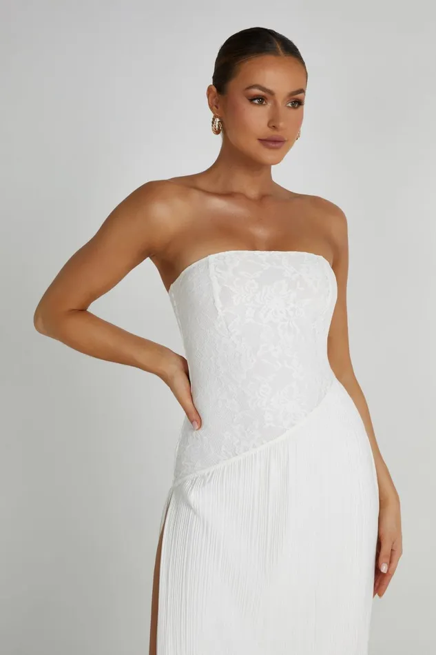 Meshki Midi Dresses Skye Lace Plisse Strapless Midi Dress 8211 White White 8211 Women