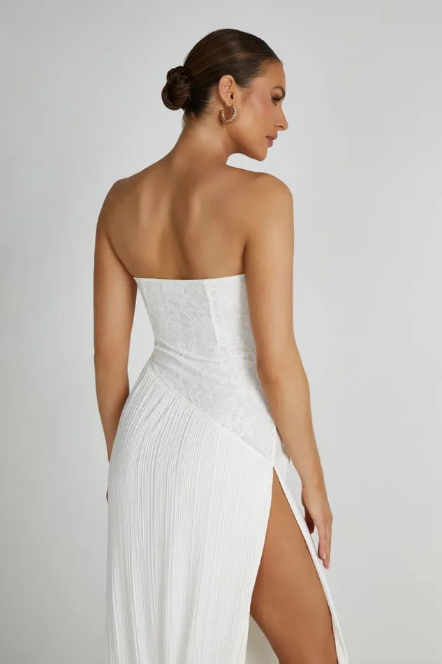 Meshki Midi Dresses Skye Lace Plisse Strapless Midi Dress 8211 White White 8211 Women