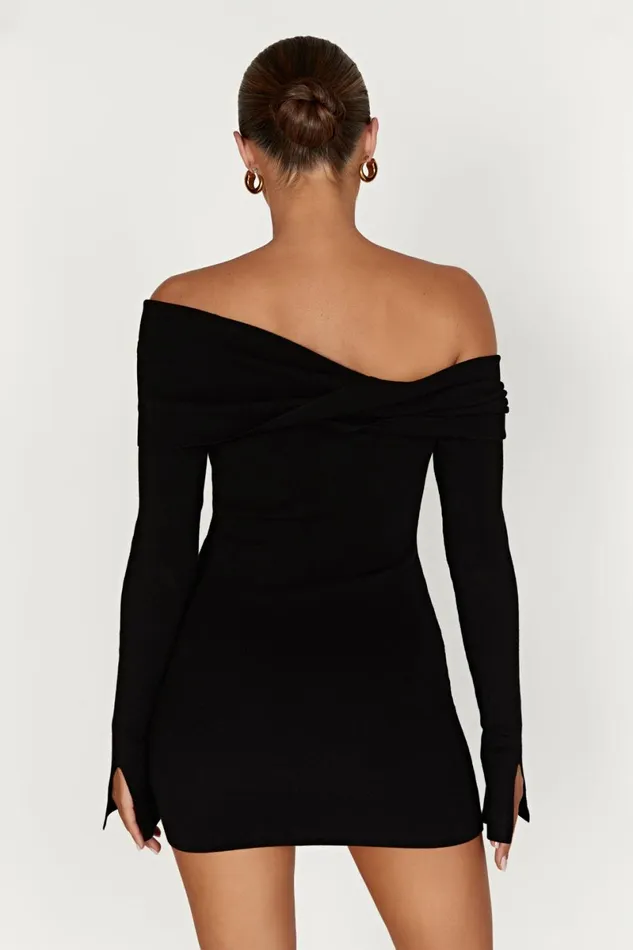 Meshki Mini Dresses Clover Off Shoulder Knit Mini Dress 8211 Black Black 8211 Women