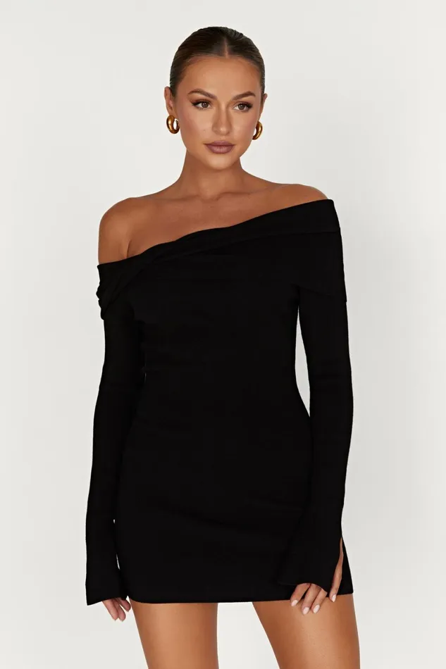 Meshki Mini Dresses Clover Off Shoulder Knit Mini Dress 8211 Black Black 8211 Women