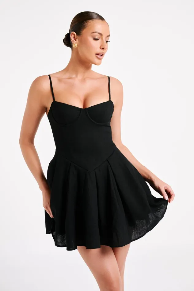 Meshki Mini Dresses Dorinda Pleated Linen Mini Dress 8211 Black Black 8211 Women