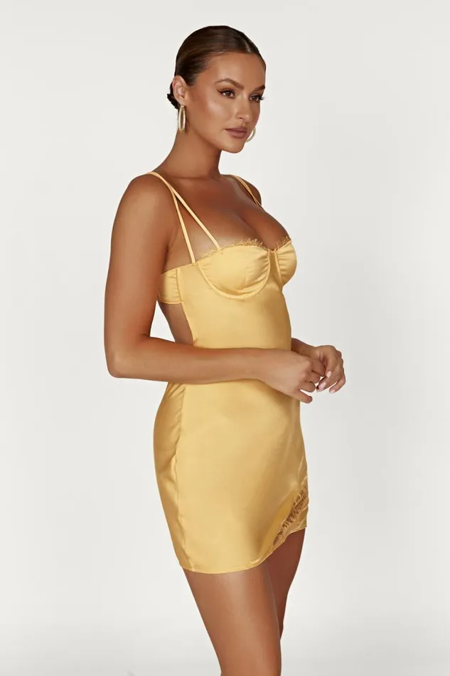 Meshki Mini Dresses Joslyn Satin Lace Slip Mini Dress 8211 Lemon Lemon 8211 Women