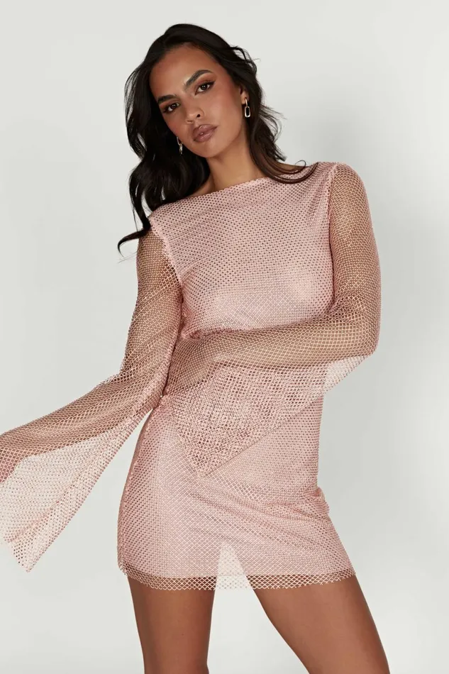 Meshki Mini Dresses Samira Flare Sleeve Diamante Mesh Mini Dress 8211 Baby Pink Babypink 8211 Women