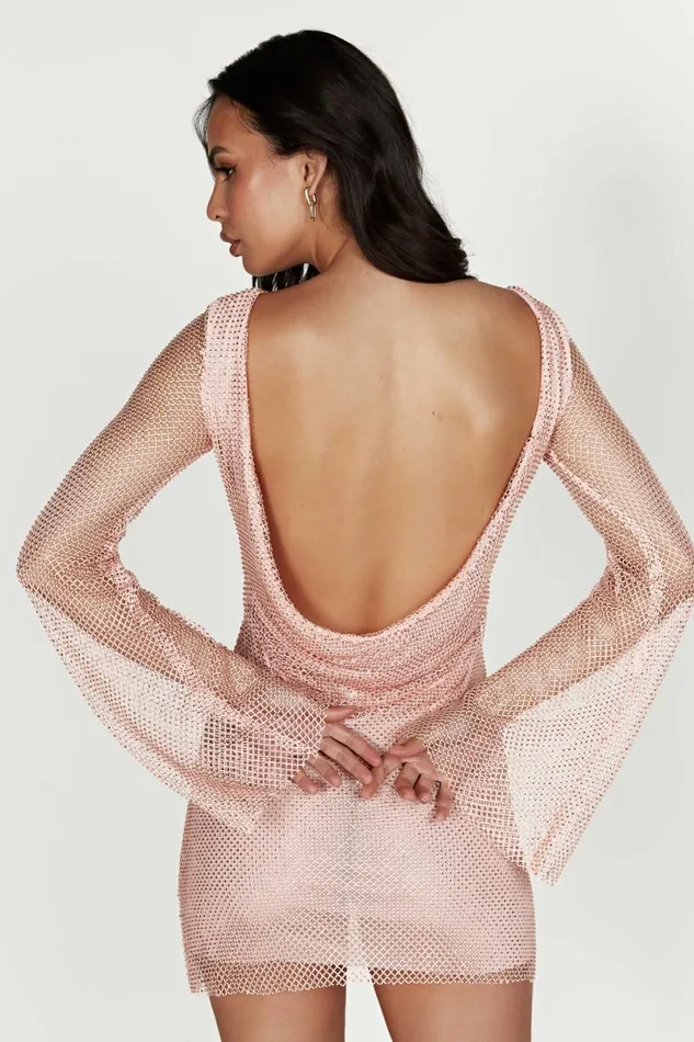 Meshki Mini Dresses Samira Flare Sleeve Diamante Mesh Mini Dress 8211 Baby Pink Babypink 8211 Women