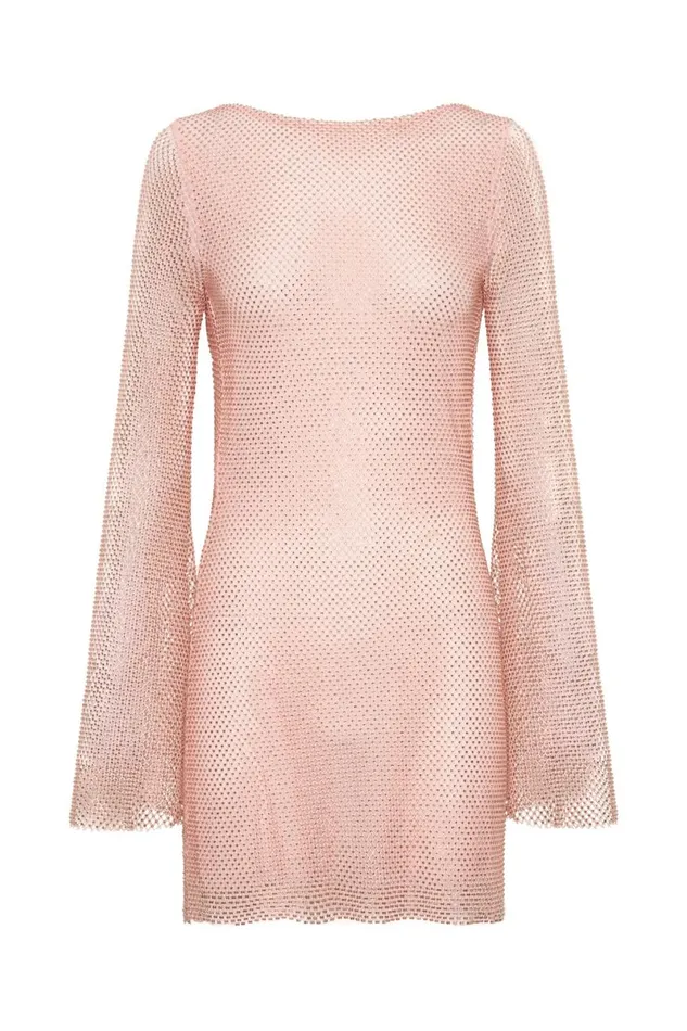 Meshki Mini Dresses Samira Flare Sleeve Diamante Mesh Mini Dress 8211 Baby Pink Babypink 8211 Women