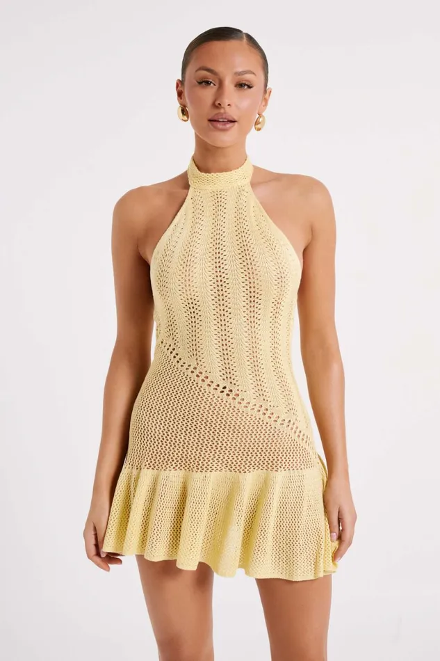 Meshki Mini Dresses Tash Mixed Yarn Halter Mini Dress 8211 Lemon Lemon 8211 Women