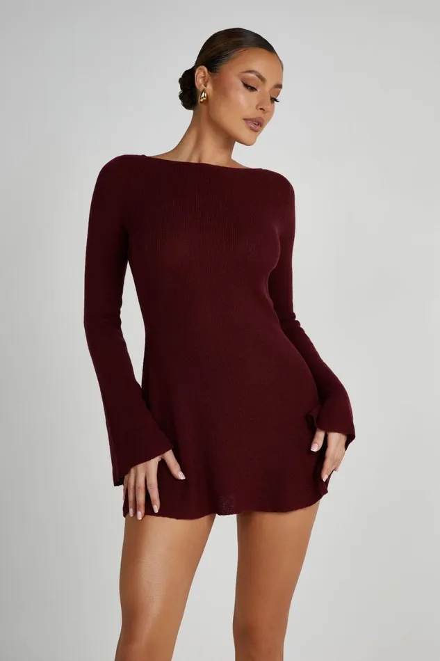 Meshki Mini Dresses Zahra Long Sleeve Open Back Mini Knit Dress 8211 Berry Berry 8211 Women