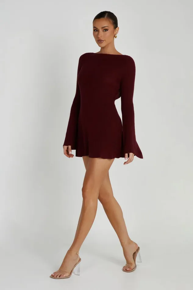 Meshki Mini Dresses Zahra Long Sleeve Open Back Mini Knit Dress 8211 Berry Berry 8211 Women