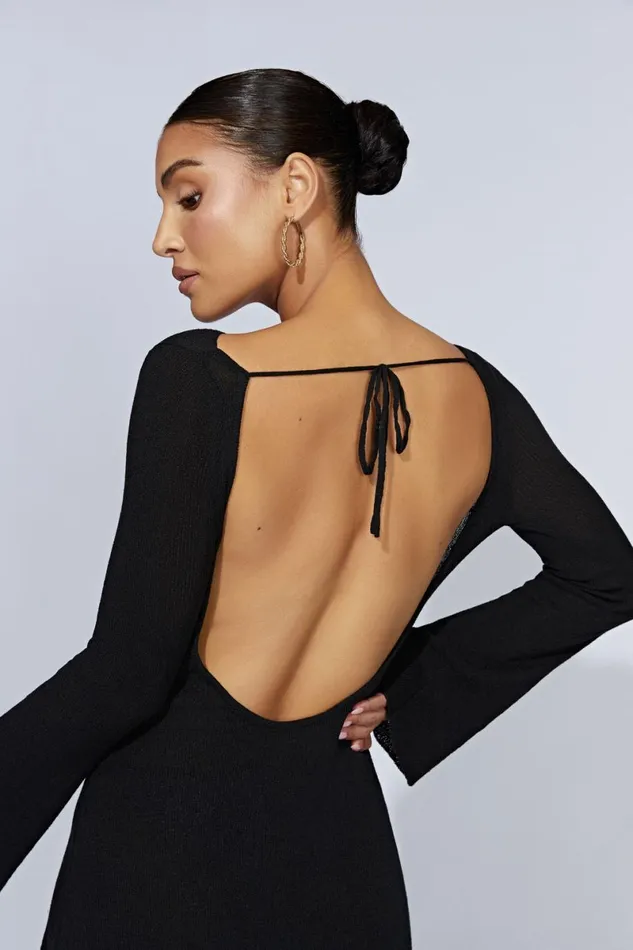 Meshki Mini Dresses Zahra Long Sleeve Open Back Mini Knit Dress 8211 Black Black 8211 Women