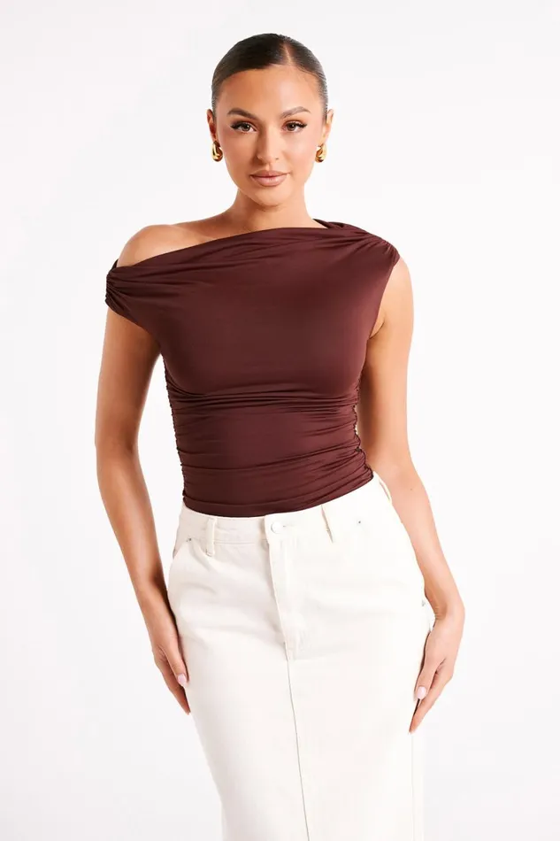 Meshki Sleeveless Tops Alayna Recycled Nylon Ruched Top 8211 Chocolate Chocolate 8211 Women