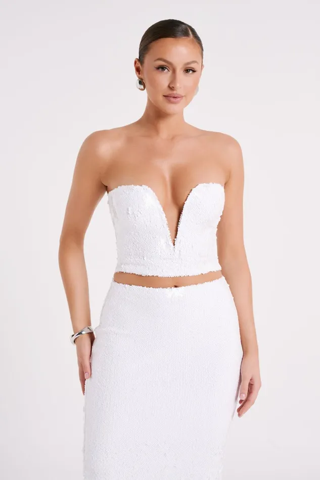 Meshki Sleeveless Tops Zariah Strapless Sequin V Corset 8211 White White 8211 Women