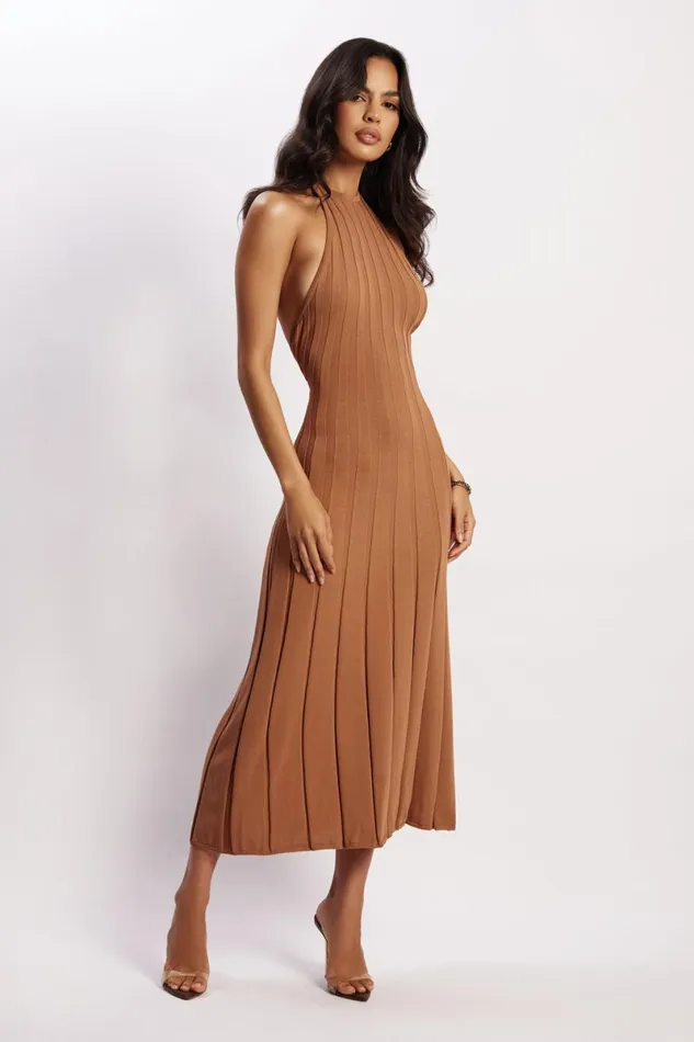 Meshki Wedding Guests Adrienne Halter Neck Midi Dress 8211 Tan Tan 8211 Women
