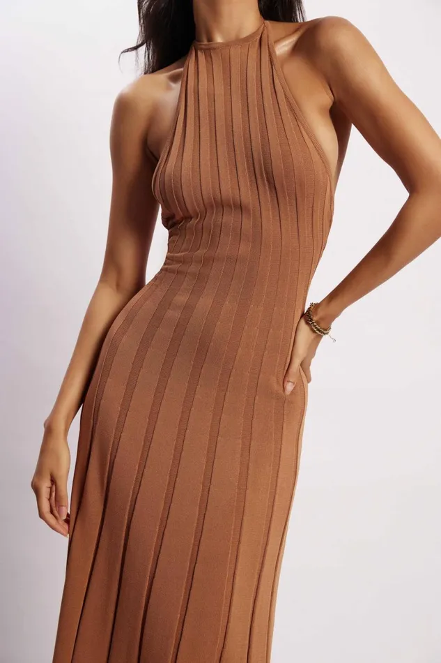 Meshki Wedding Guests Adrienne Halter Neck Midi Dress 8211 Tan Tan 8211 Women