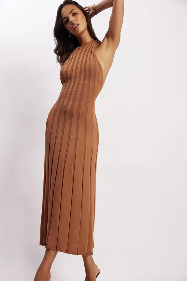 Meshki Wedding Guests Adrienne Halter Neck Midi Dress 8211 Tan Tan 8211 Women
