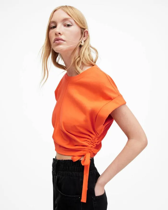 Mira Cropped Side Drawcord TShirt Zesty Orange Women AllSaints TShirts