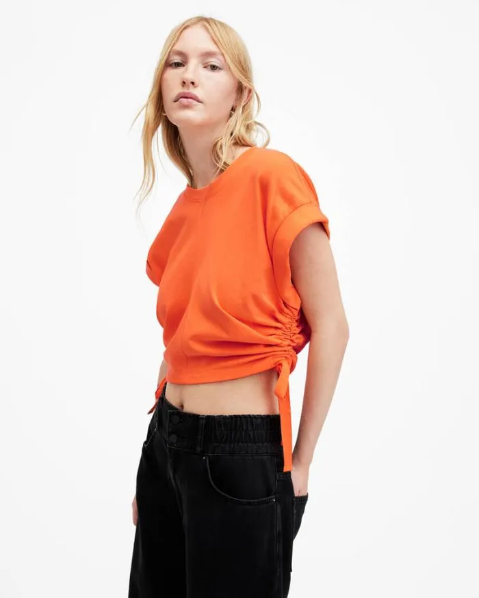 Mira Cropped Side Drawcord TShirt Zesty Orange Women AllSaints TShirts