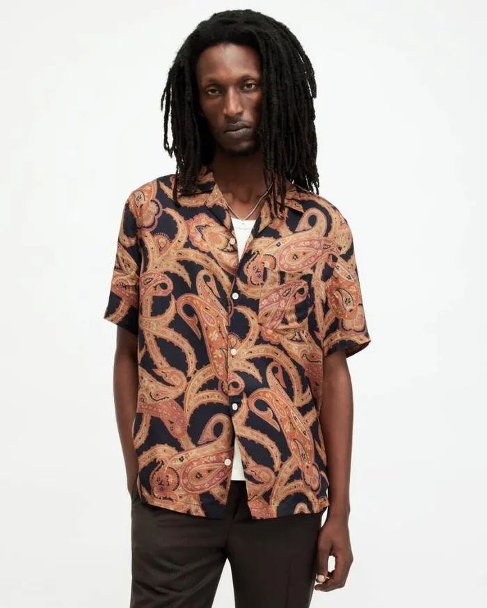 Morganza Paisley Print Relaxed Fit Shirt Jet Black Men AllSaints Shirts