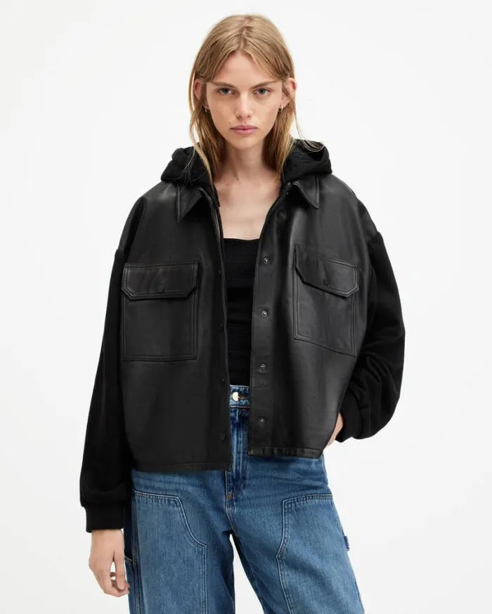 Morten Oversized Leather Trucker Jacket Black Women AllSaints Jackets and Coats