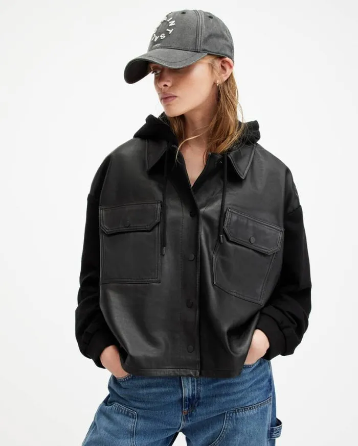 Morten Oversized Leather Trucker Jacket Black Women AllSaints Jackets and Coats Morten Oversized Leather Trucker Jacket Black Women AllSaints Jackets and Coats