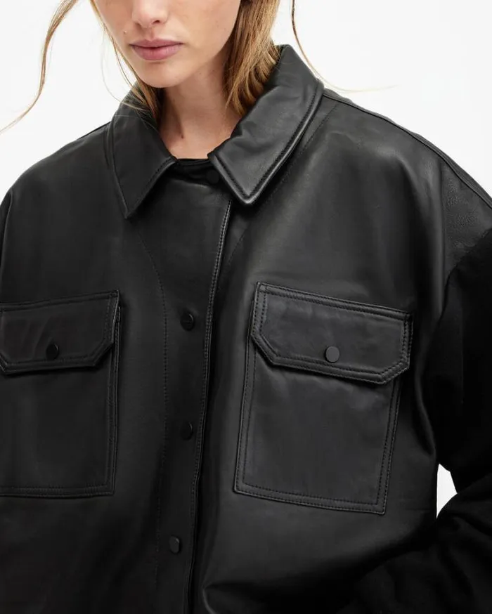Morten Oversized Leather Trucker Jacket Black Women AllSaints Jackets and Coats Morten Oversized Leather Trucker Jacket Black Women AllSaints Jackets and Coats