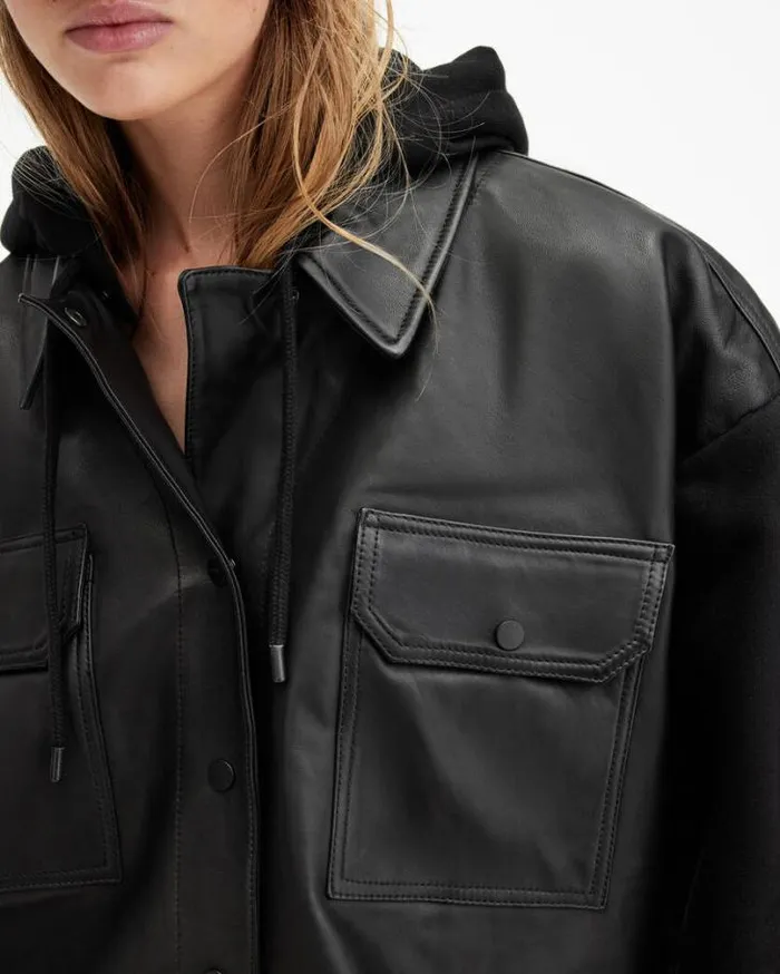 Morten Oversized Leather Trucker Jacket Black Women AllSaints Jackets and Coats Morten Oversized Leather Trucker Jacket Black Women AllSaints Jackets and Coats