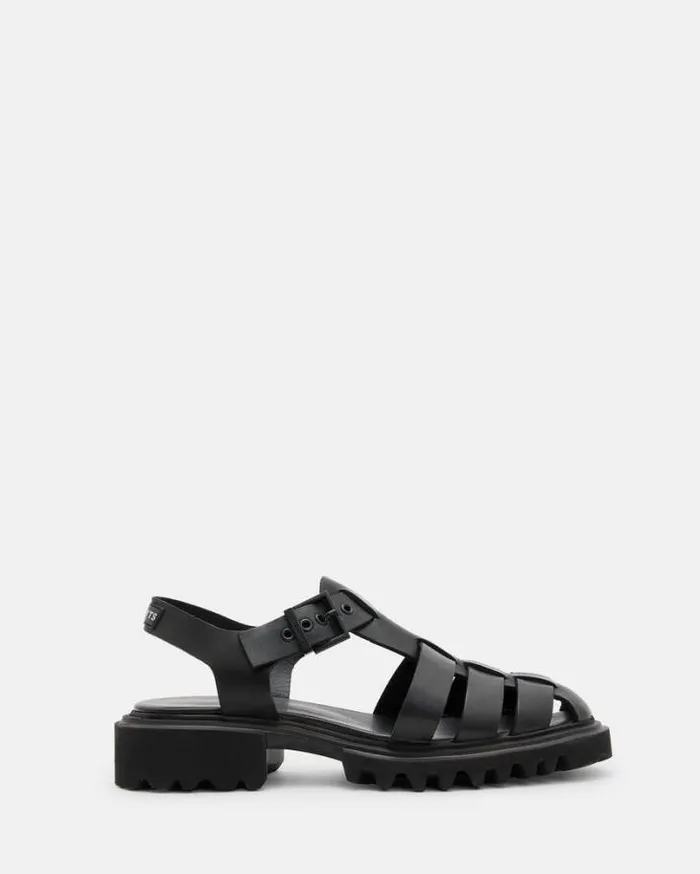 Nessa Chunky Leather Sandals Black Women AllSaints Shoes and Boots