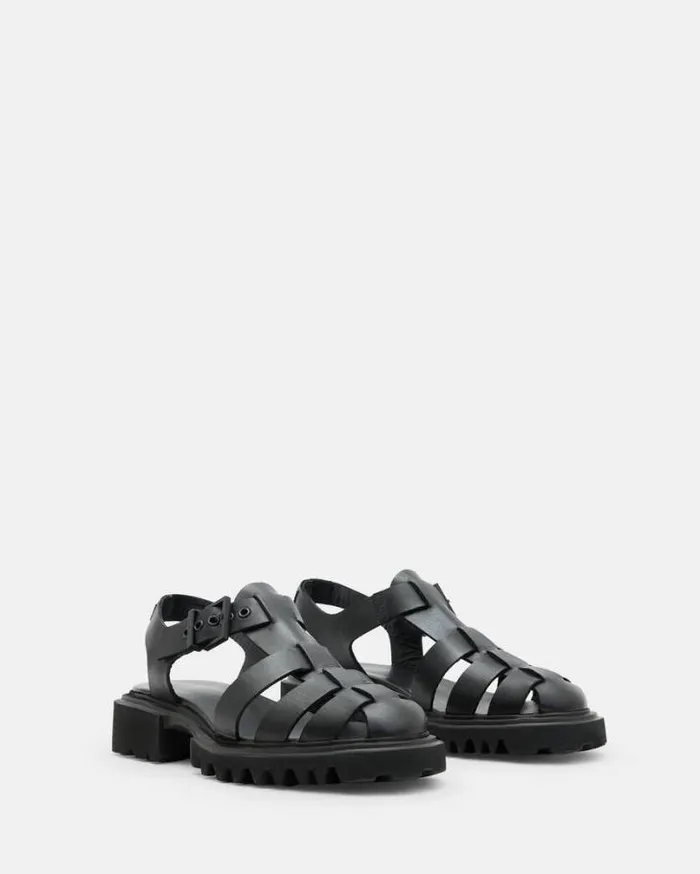 Nessa Chunky Leather Sandals Black Women AllSaints Shoes and Boots