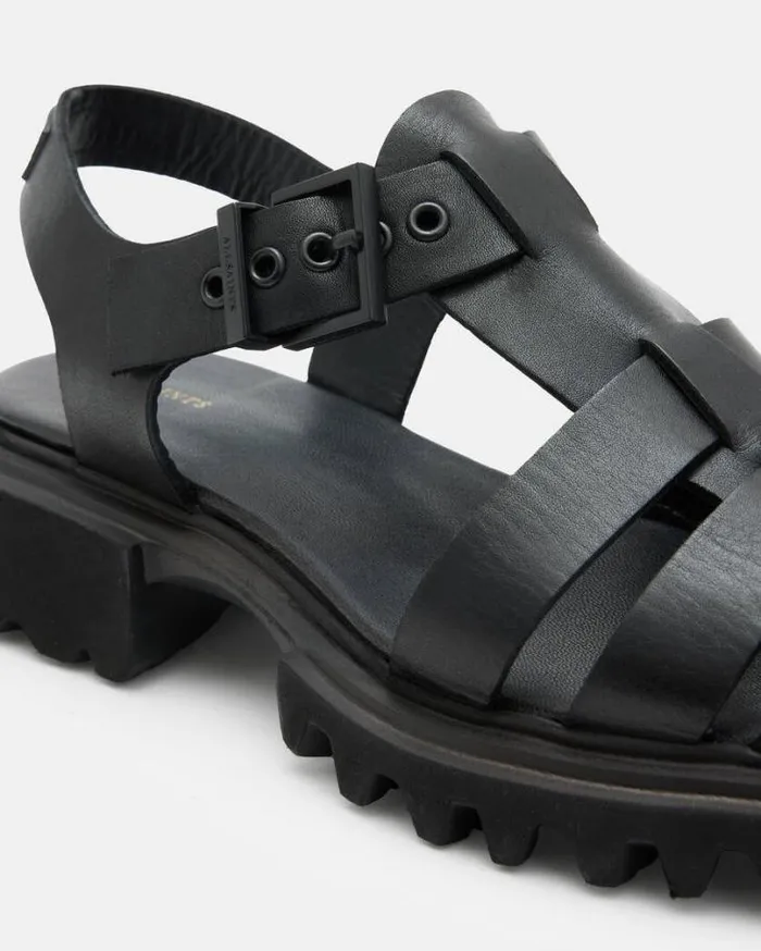 Nessa Chunky Leather Sandals Black Women AllSaints Shoes and Boots