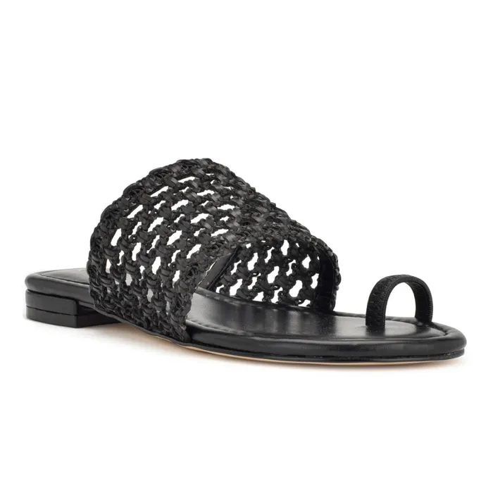 Nolah Flat Slide Sandals Black Woven Women Nine West Flats Nolah Flat Slide Sandals Black Woven Women Nine West Flats