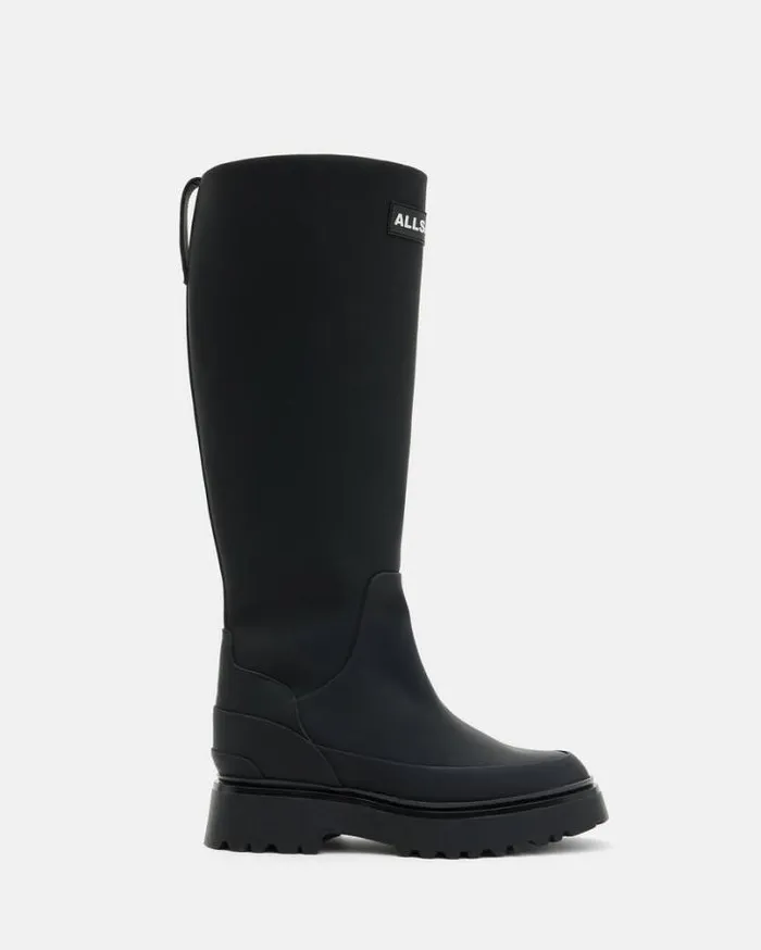 Octavia Knee High Leather Logo Boots Black Women AllSaints Shoes and Boots