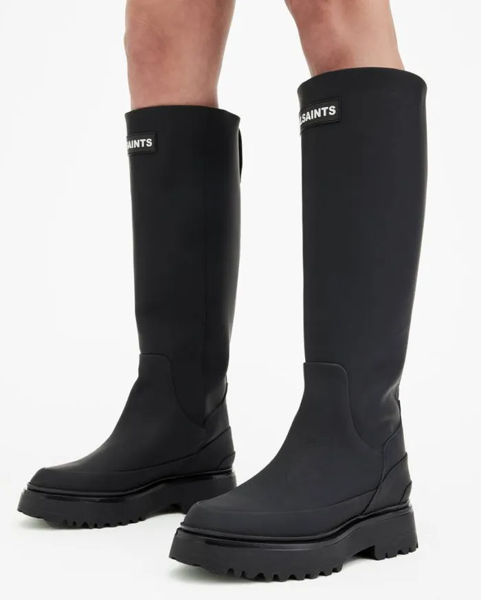 Octavia Knee High Leather Logo Boots Black Women AllSaints Shoes and Boots
