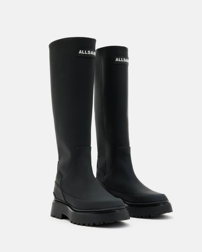 Octavia Knee High Leather Logo Boots Black Women AllSaints Shoes and Boots