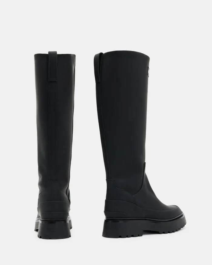 Octavia Knee High Leather Logo Boots Black Women AllSaints Shoes and Boots
