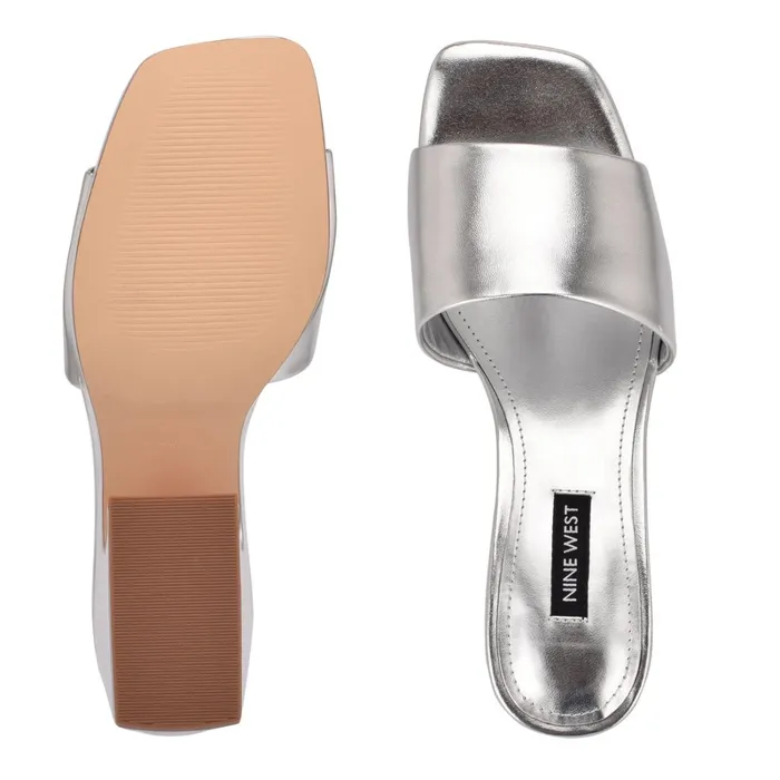 Oklee Platform Slide Sandals Silver Women Nine West Wedges Oklee Platform Slide Sandals Silver Women Nine West Wedges