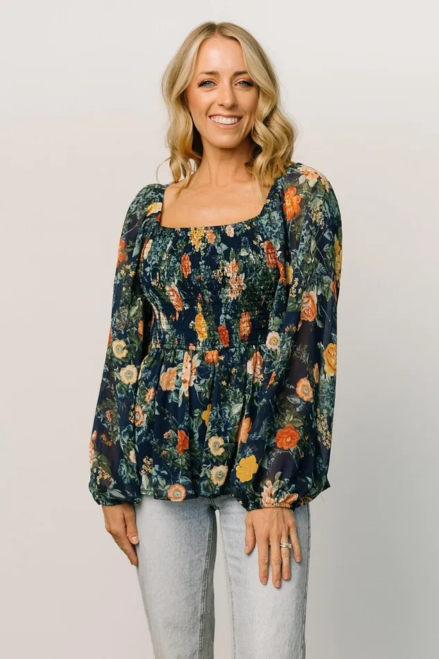 Ollie Smocked Top Navy Multi Women Baltic Born Blouses Shirts