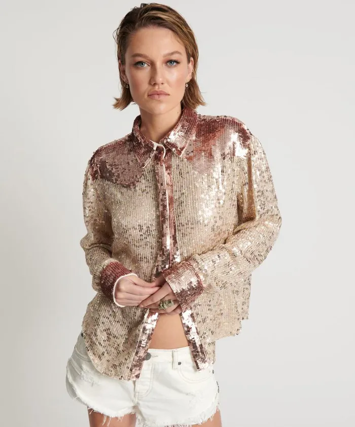 One Teaspoon Shirts ROSE GOLD HAND SEQUIN WESTERN SHIRT 8211 Women One Teaspoon Shirts ROSE GOLD HAND SEQUIN WESTERN SHIRT 8211 Women